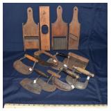 8 antique food choppers, 4 graters/slicers; as is