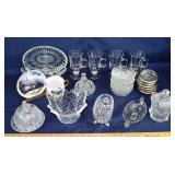 26 pcs assorted glass and porcelain table wares; a