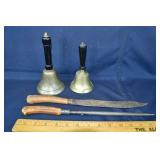 2 antique brass bells, carving knife and steel; as