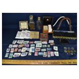 Collection of vintage ephemera, stamps, coins, dye