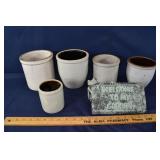 5 stoneware crocks and garden decoration; as is