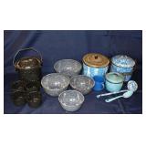 15 pieces of agate ware: 4 pots w/lids, 4 graduate