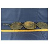 3 vintage cast iron 9" round griddles; as is