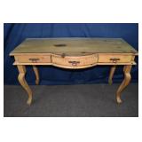 Pine 3 drawer country desk with shaped glass top,