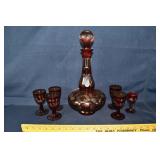 7pcs. Bohemian cranberry cut to clear glass decant