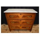 Walnut 3 drawer white marble top dresser, 35x16x34