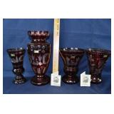 4pcs. Egermann cranberry cut to clear glass vases;