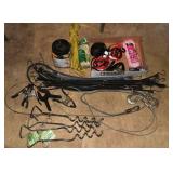 Lot: rubber tie down straps, cable, pet stakes, ro