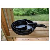 3 cast iron skillets: Griswold no. 8, unknown, no.