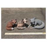 3 molded cement fox garden figures; as is
