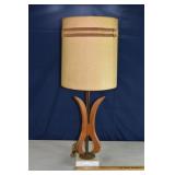 MCM brass, wood and 6" marble base table lamp with