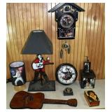 Elvis Presley collectibles: 2 clocks, 2 lamps, bel