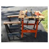 Hirsh folding table saw and 2 Iron Saw Horses; as