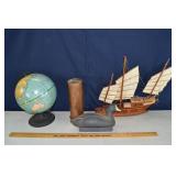 Lot: wood model of Chinese Junk, Cram world globe,