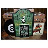 4 billiard signs: 16x24"h composite and 3 metal; a