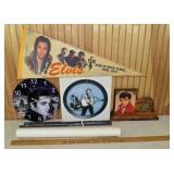 6 Elvis Presley items: 3 clocks, 2 posters, pennan