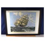 Framed Montague Dawson print of sailing ships, 42x