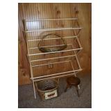 Drying rack, 2 baskets, pine stool; as is