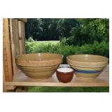2 yellow ware batter bowls, custard cup; as is