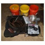 Lot: flexible hose, sewer tape, oil drain pan, mud