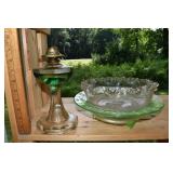 Glassware: oil lamp, scalloped pedestal bowl, gree