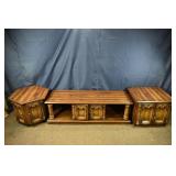 3 MCM wood finish living room table set, largest 5