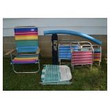 6 folding outdoor chairs, swim noodle; as is