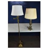 Brass floor lamp 63"h, brass table lamp; as is