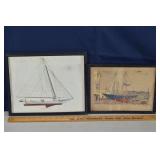 2 framed works: watercolor of dry docked sailboat,
