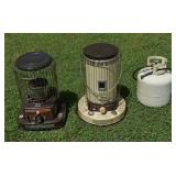 2 kerosene heaters and LP gas tank with gas; as is