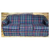 Plaid upholstered 3 cushion sofa, 86x35x34"h; as i
