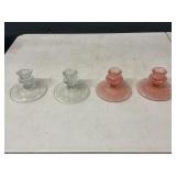 (2) PAIR OF GLASS CANDLESTICKS - ETCHED - FLOWERS