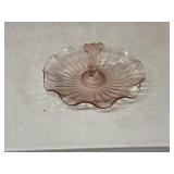 PINK DEPRESSION GLASS HANDLED RUFFLED CANDY DISH