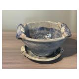 2 HANDLE POTTERY BOWL WITH UNDERPLATE