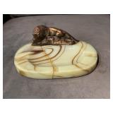 JADEITE WITH SWIRL ASHTRAY WITH METAL LION