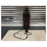 WROUGHT IRON HANGING LIGHT = 6 SIDED RED GLASS