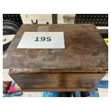 Wooden  tin lined box & contents 13inLx7inHx10inD
