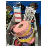 Gray bin rolls tickets & 2 calculators -name tags