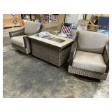 2-Wicker outdoor swivel chairs-1 firepit table