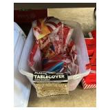 Clear tote & lid- carnival table skirts -banner