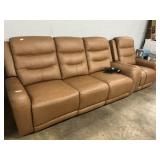 Tan leather sofa w/ recliner ends- recliner