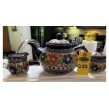 Polish Pottery Handpainted Tea Pot, Cream & Sugar