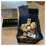 Crate Of Office Supplies & Cash Box