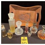 Wooden Tray Of Vintage Perfumes & Perfume Bottles