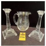 8' Retro Candleholders & 7' Etched Glass Pitcher