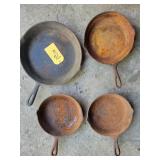 4 Cast Iron Pans (3) 8'  (1) 10' Not Marked