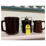 2 Brown Stoneware Pitchers & Crock