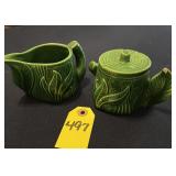 Vtg Green Ceramic Creamer & Sugar Bowl