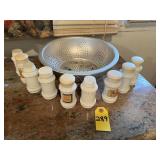 Colander And Milk Glass Spice Jars