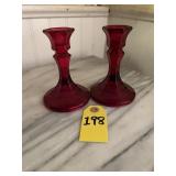 Pair Of Indiana Glass Red Candlestick Holders